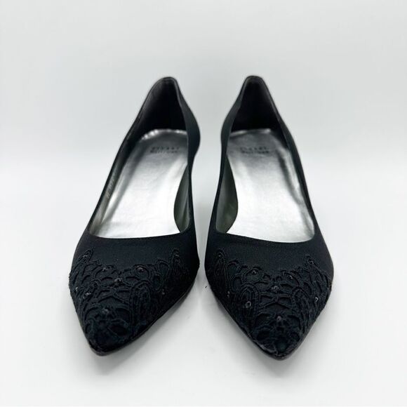 Stuart Weitzman Black Fabric Kitten Heeled Pointed Toe Pump w/Lace Crystals 8.5M - Picture 4 of 11